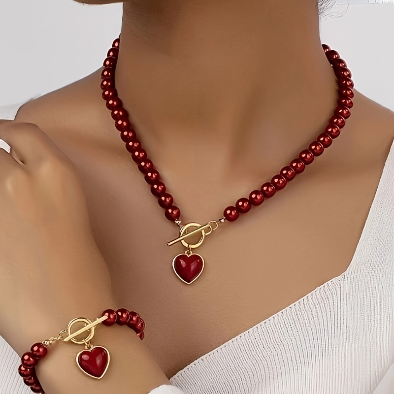 

2pcs Elegant Red Heart Pearl Jewelry Set, Necklace And Bracelet For Women, & Valentine's Day Gift