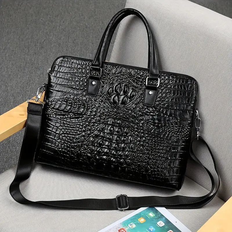 mens cowhide leather briefcase large capacity business crossbody bag with adjustable shoulder strap crocodile embossed texture zipper closure for work travel commuting Product details 8