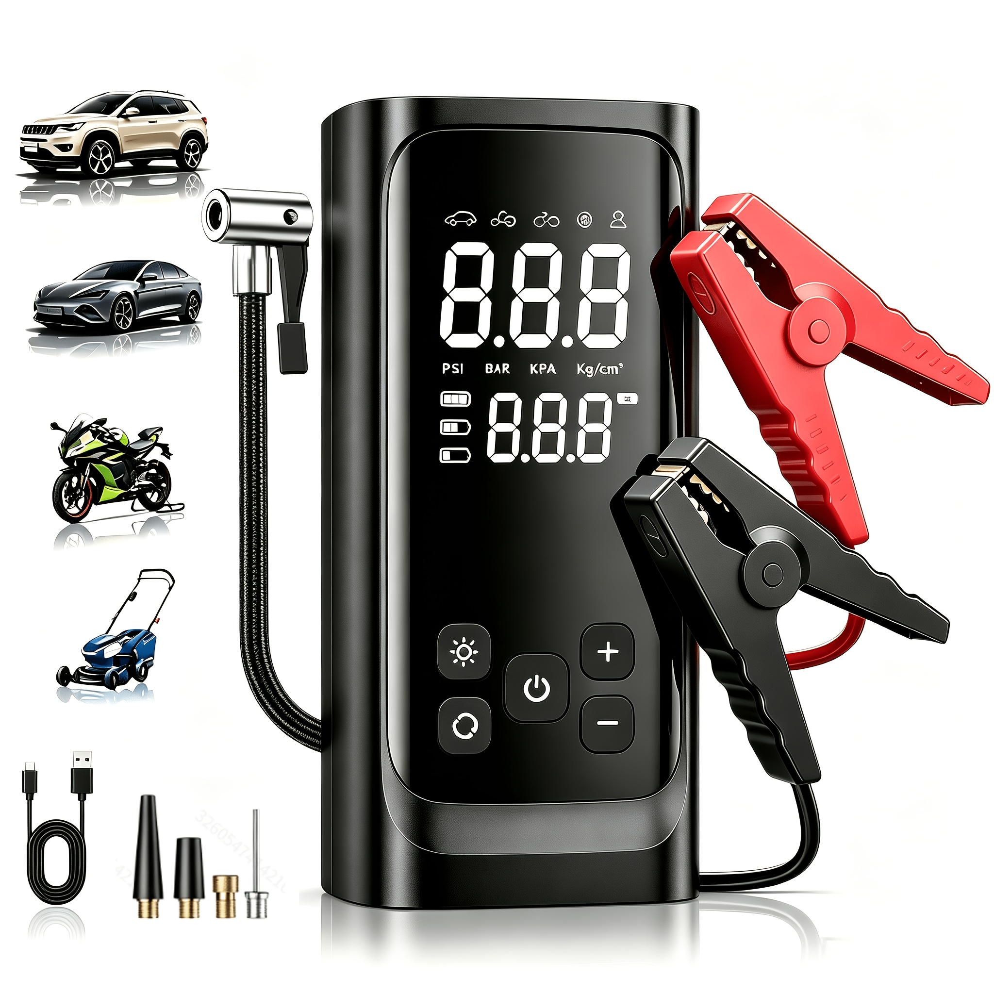 imagen del artículo arrancador de emergencia   con función de bomba de aire, equipado con un inflador automático de neumáticos de 150 psi, cable de   para batería de coche,   de energía para batería de 12v,   de   de litio con pinza eléctrica inteligente - pantalla digital inteligente para