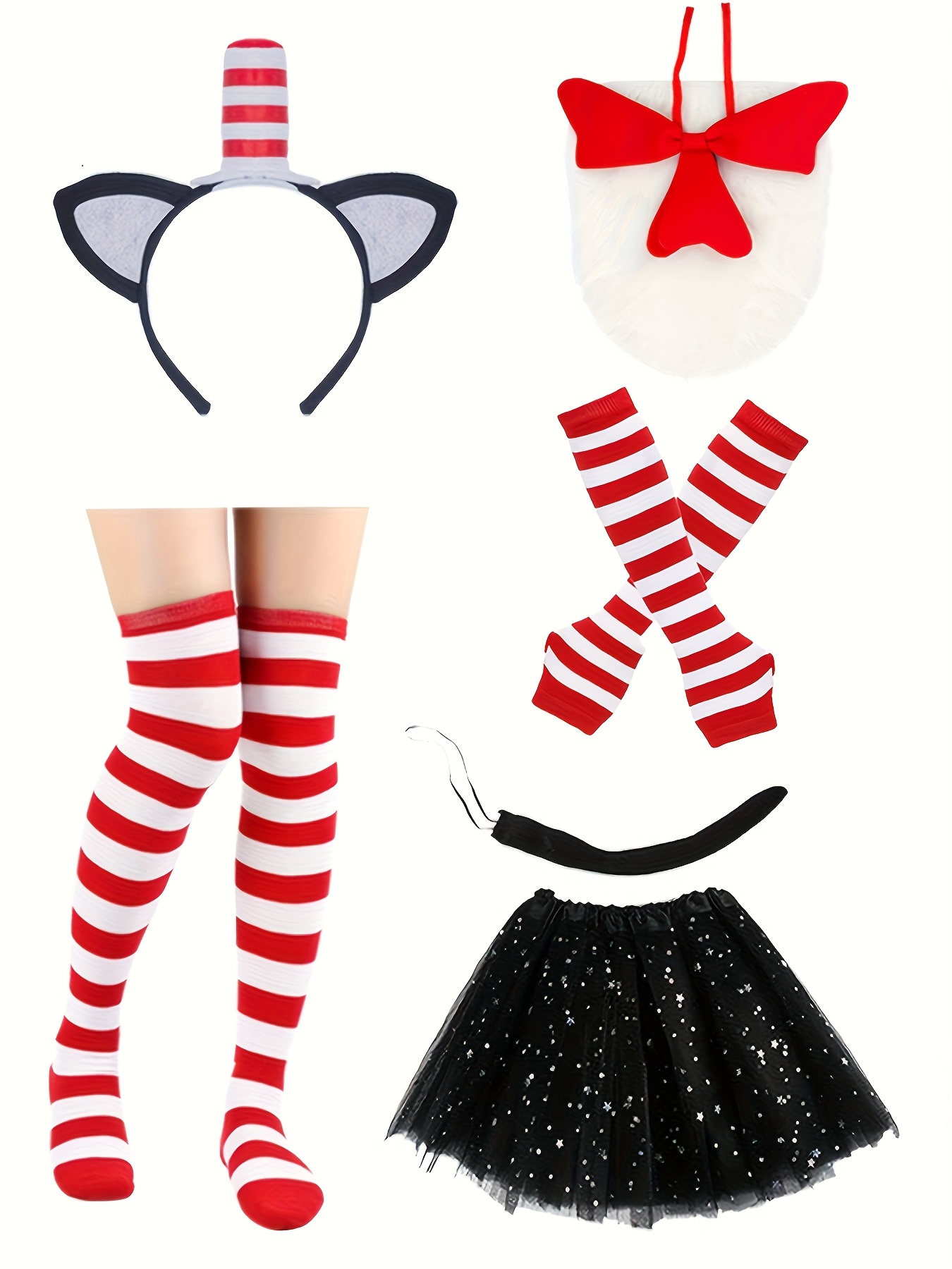 Cat Costume Set - Tutu Skirt, Cat Ear Headband, Tail, Bowtie, Arm Warmers & Striped Stockings