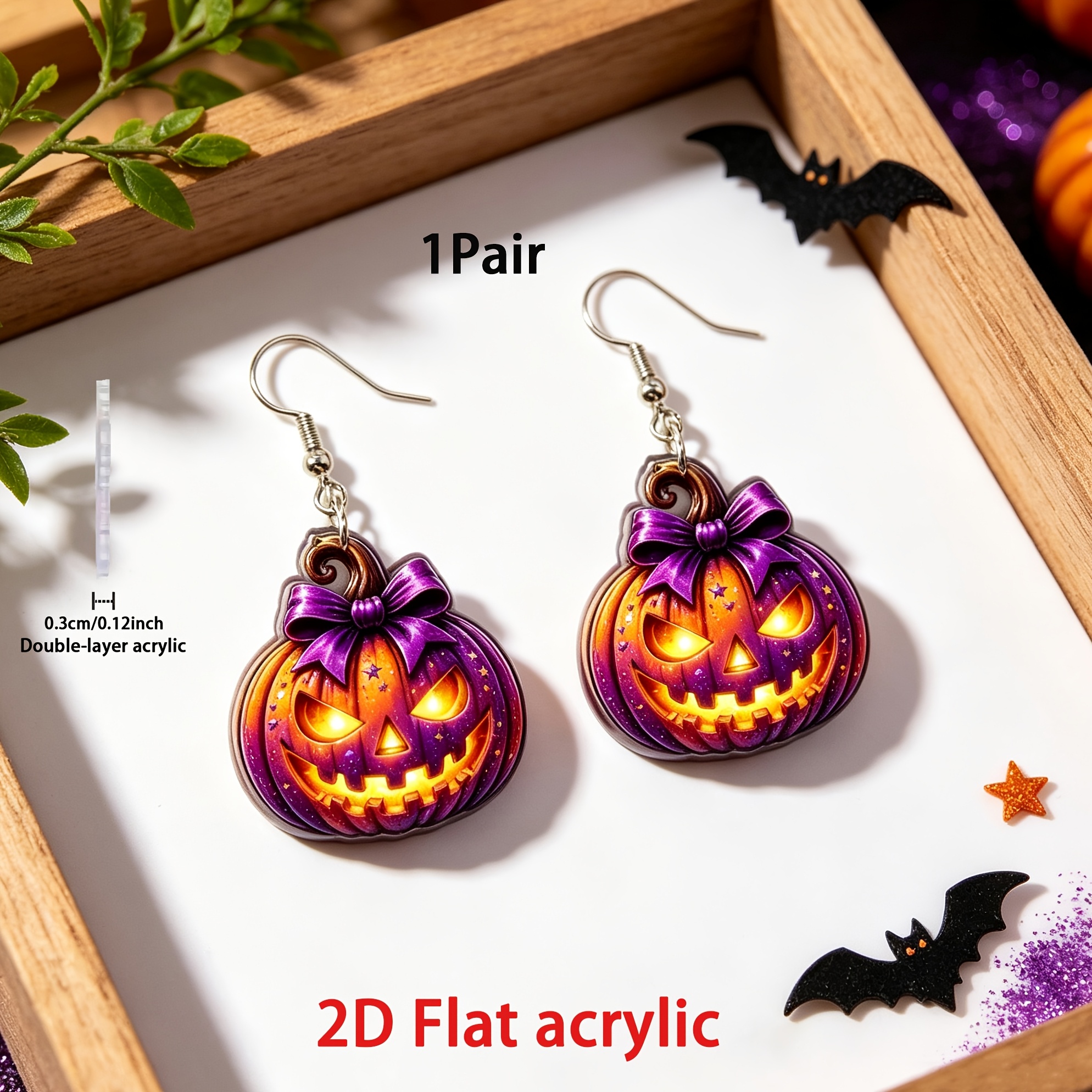 TEMU 2d Flat, 2d Flat 1pair Glowing Pumpkin With Purple Bow Acrylic Dangle Earrings, Halloween Jack-o-lantern Earrings, Holiday Costume Party Jewelry