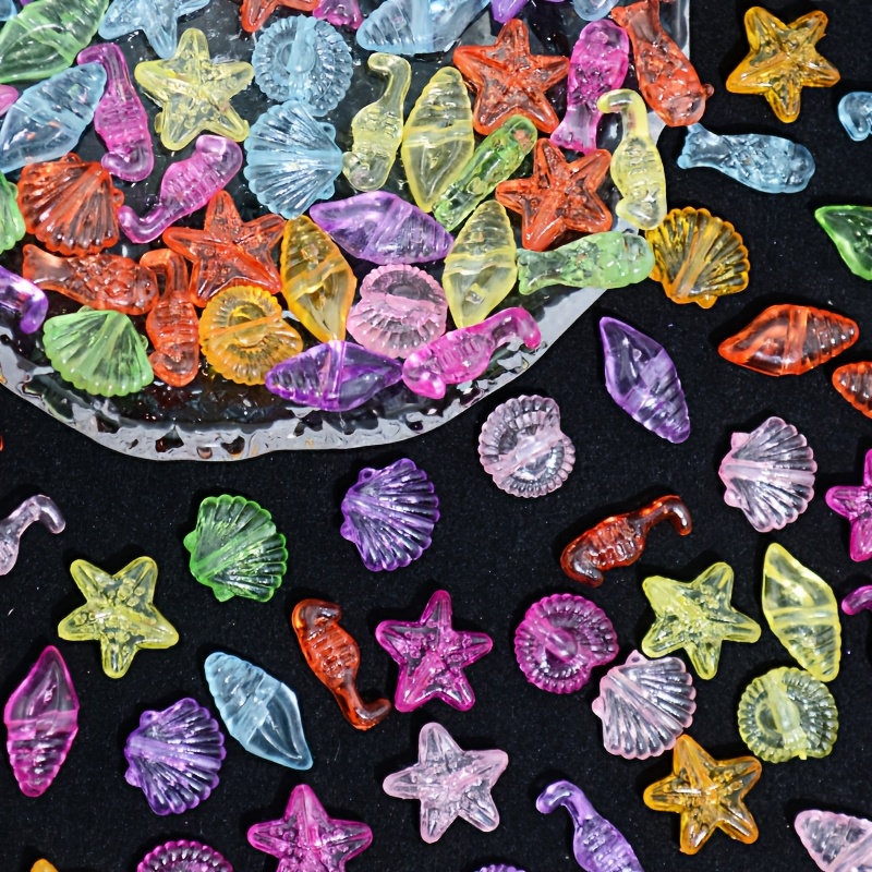E-shop 100 Stück Seepferdchen-, Muschel-, Conch- Seestern-Perlen aus transparentem Acryl in gemischten Farben für DIY-Handarbeit, Armband, Halskette,
