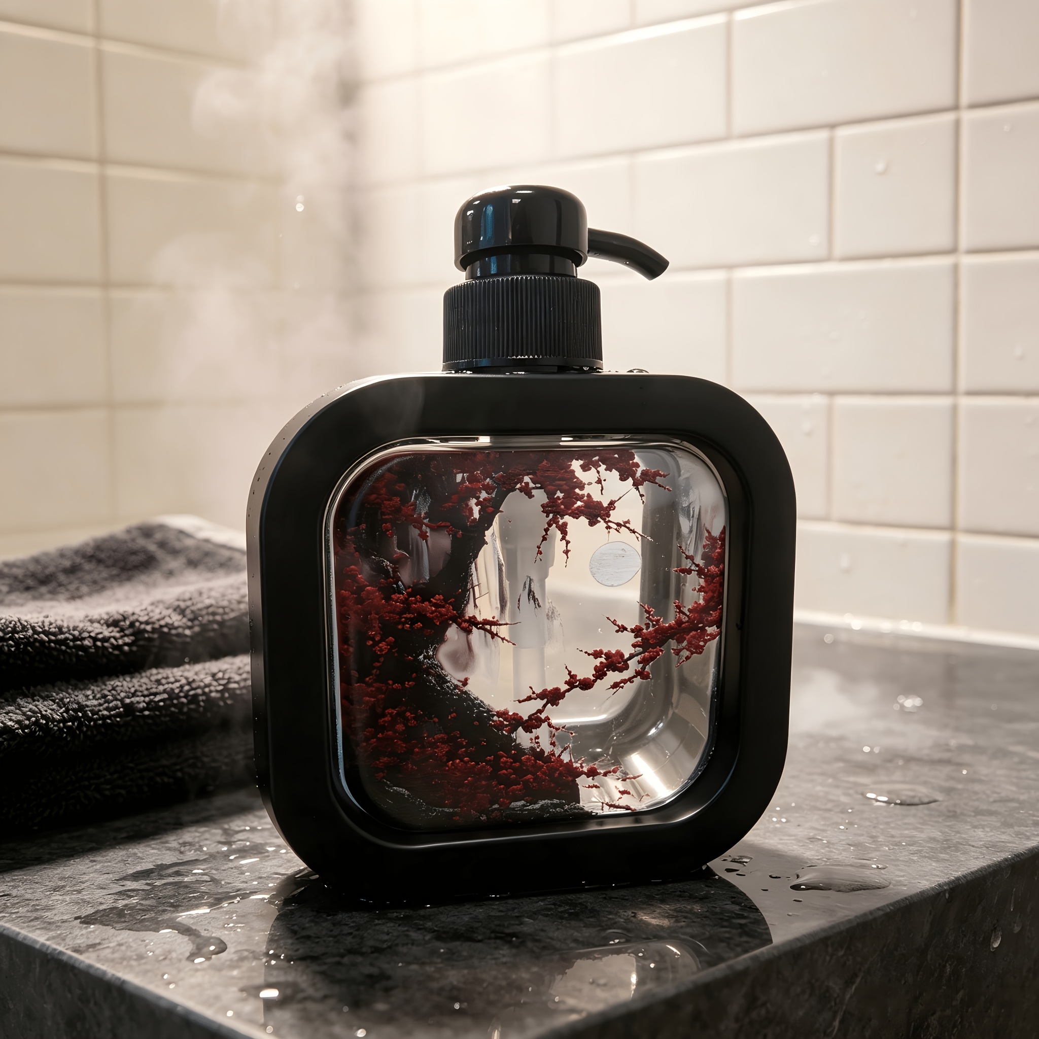 TEMU Innovative Bathroom Dispenser Featuring A Hand Pump - An East Asian Winter Scene At Night, With Plum Blossoms And A Canyon Design, Perfect For