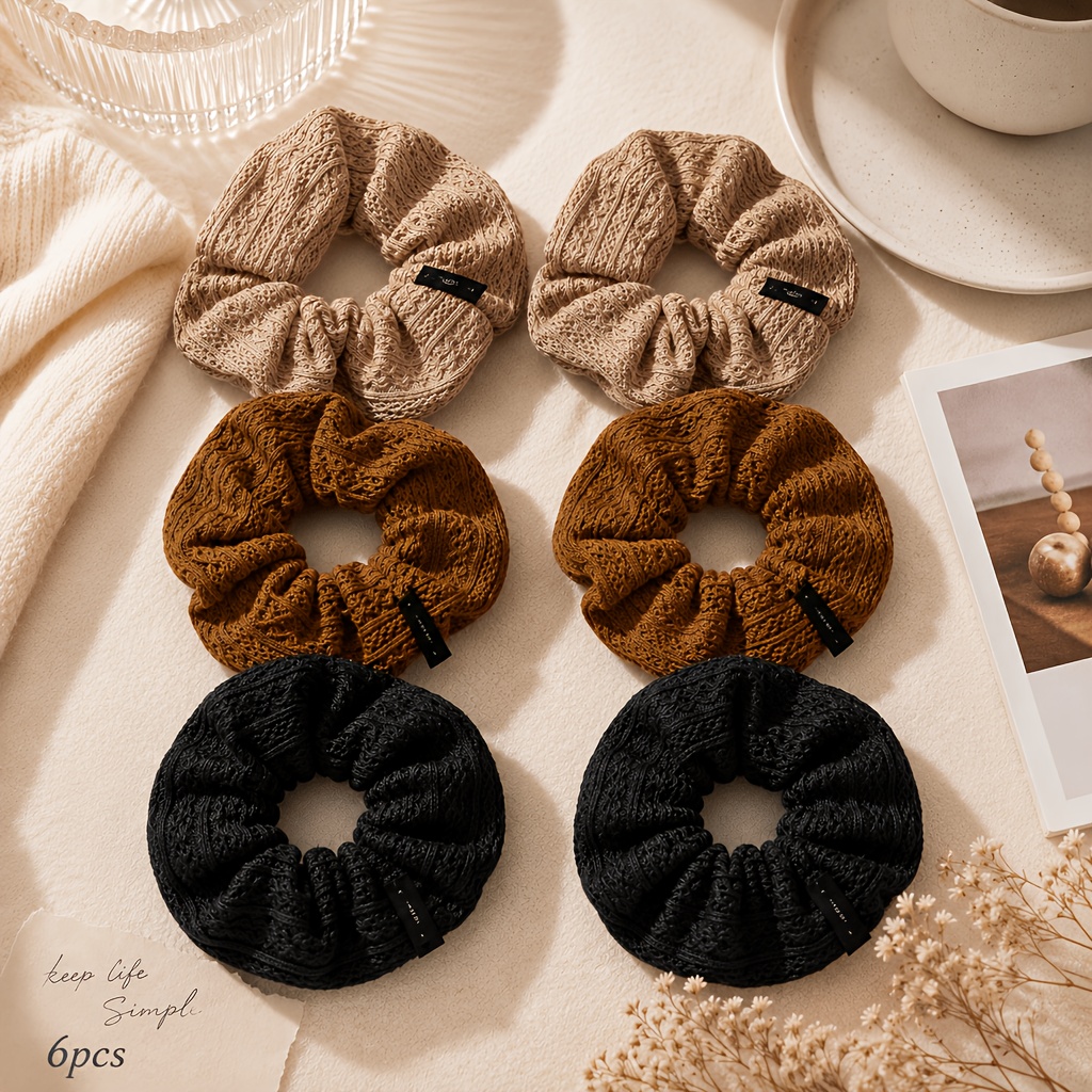 TEMU 6pcs Neutral Textured Scrunchies, Hollow Soft Fabric, Minimal Additions For Women And Autumn Outfits