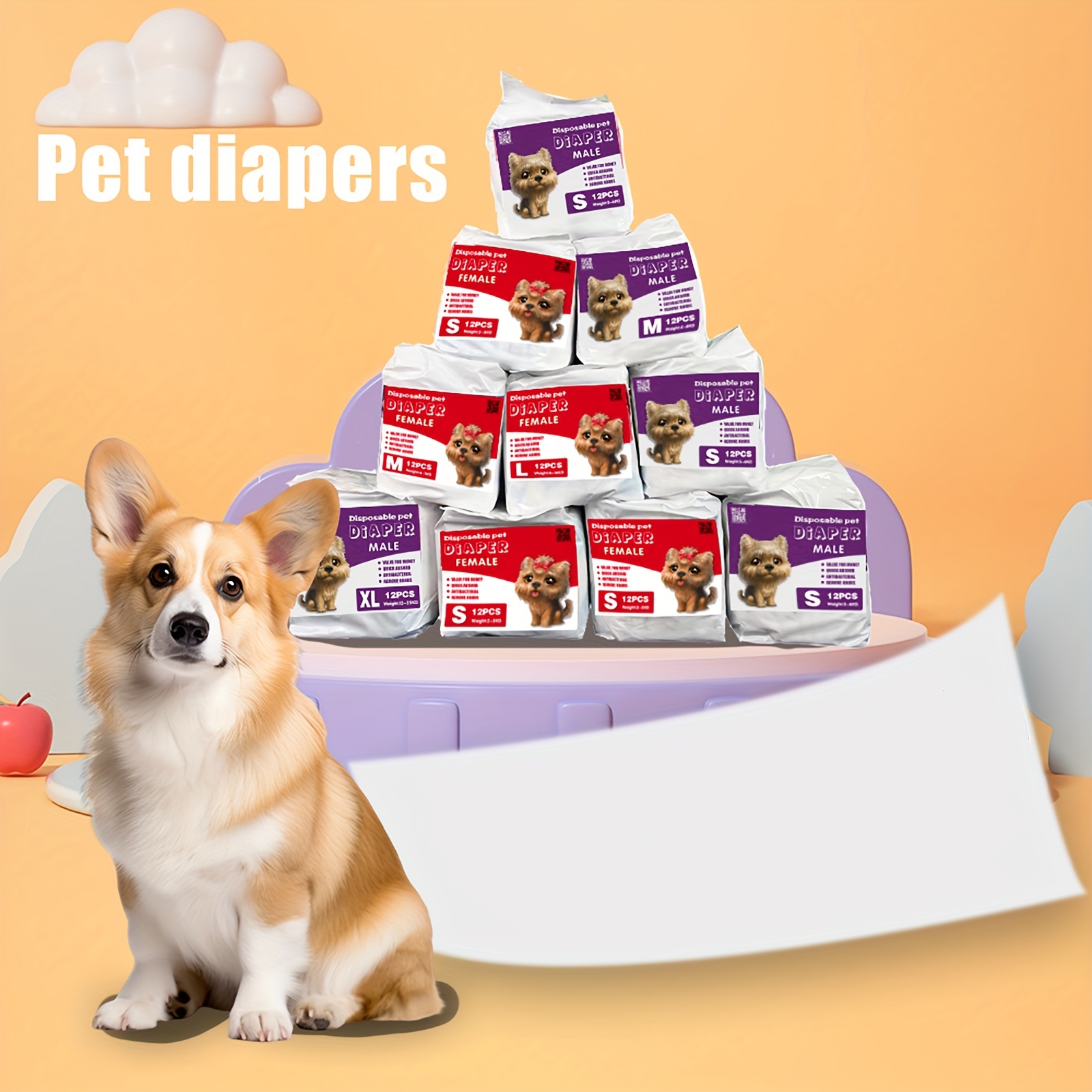 

12-piece Dog Diapers For Male & Female Pets - Leakproof, Absorbent Pet Physiological Pants With Anti-harassment Pad