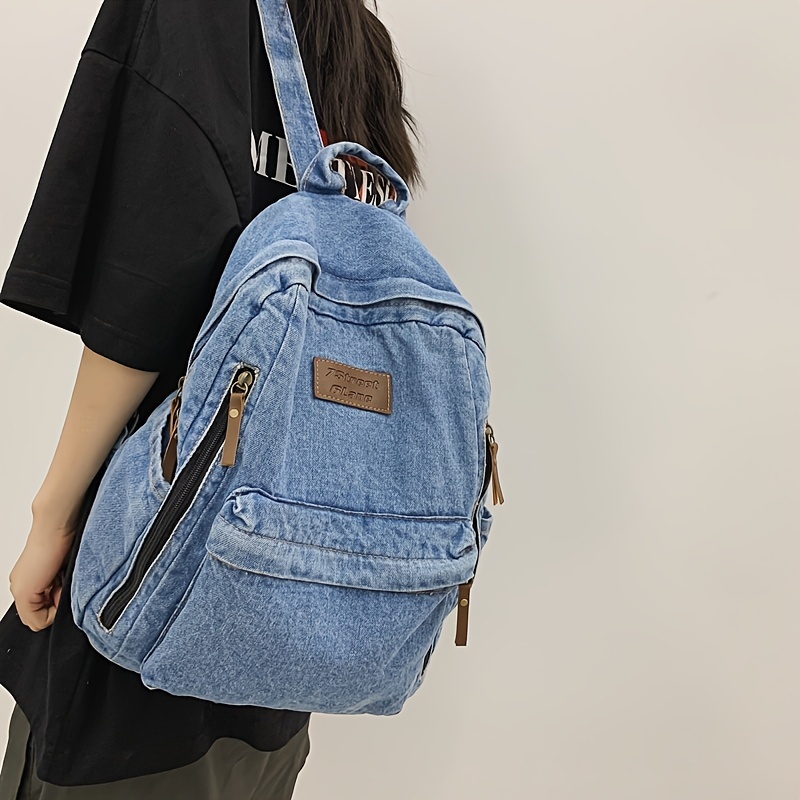 

Women's Casual Denim Backpack, Letter Patch Design, Large Capacity, Multi-pocket Zippered Laptop Bag