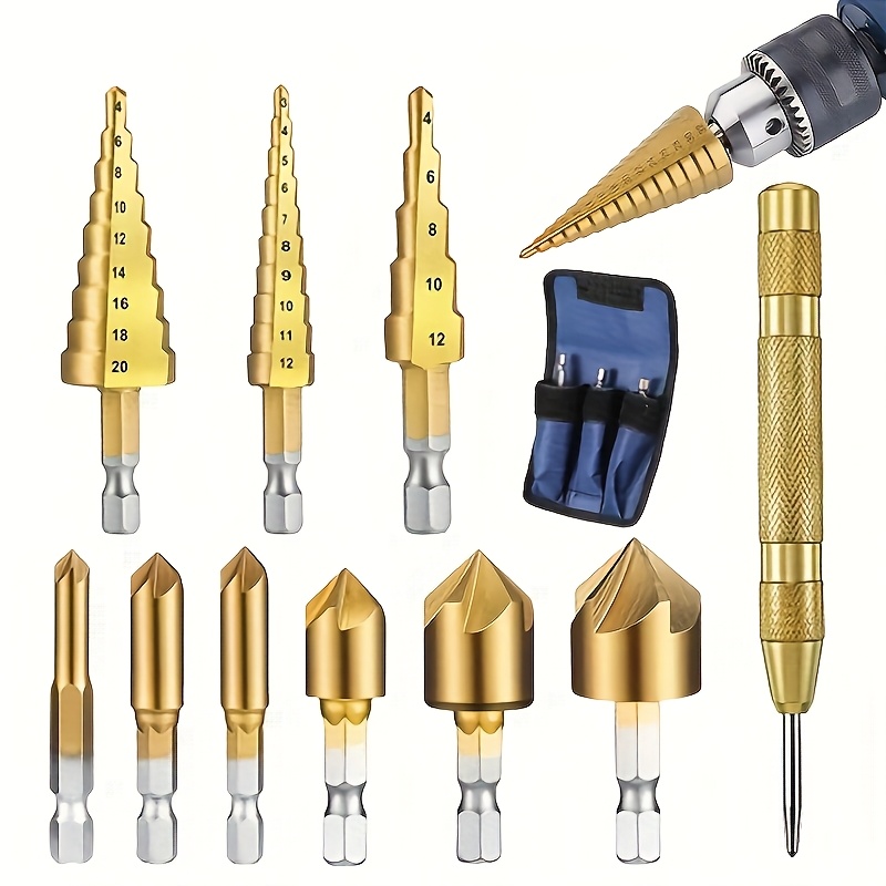 

Set Of Drill Of Stainless Steel - Kit Featuring A Tower Drill, Center Punch, - Woodworking Drill, Five-flute Counterbore, And Wood Plug Drills