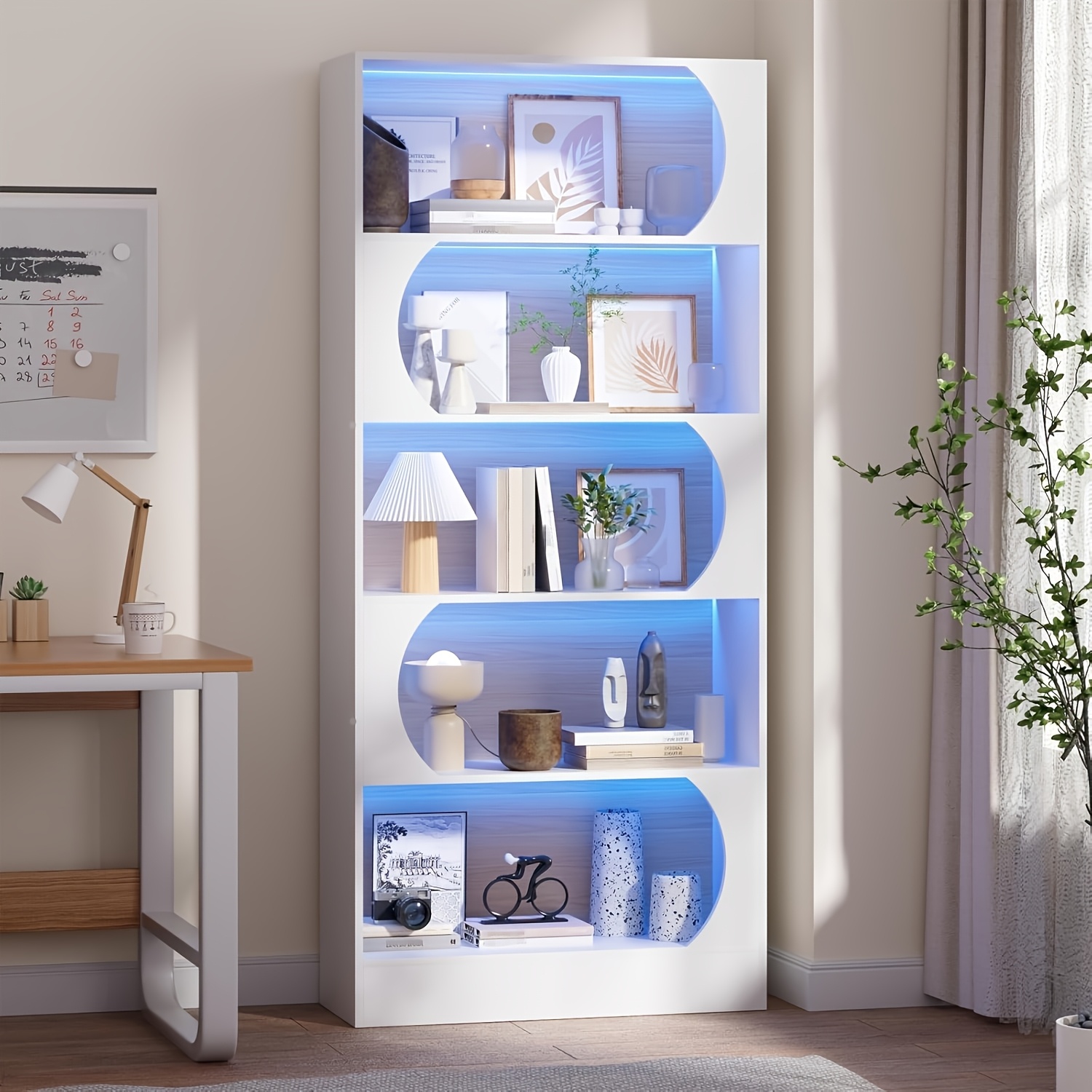 Image of Modern Designer Bookshelf With Adjustable Lighting, Semi-circular Five-tier Display Shelf, Large Storage Shelf, Strong Load-bearing Capacity, Suitable For Offices, Living Rooms, Study Rooms, White