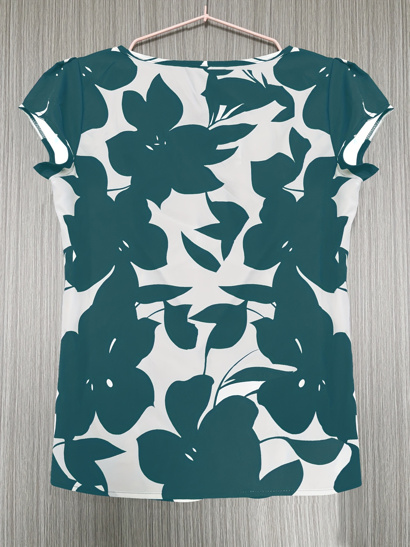 Women's Elegant Casual Short Sleeve Blouse - Black & White Abstract Leaf Print, Loose Fit Round Neck, Chest Ruching, Semi-Sheer Summer Top, Machine Washable, Everyday Sophisticated Wear, Delicate Fabric Shirt, Fitted Waist Accentuate Figure