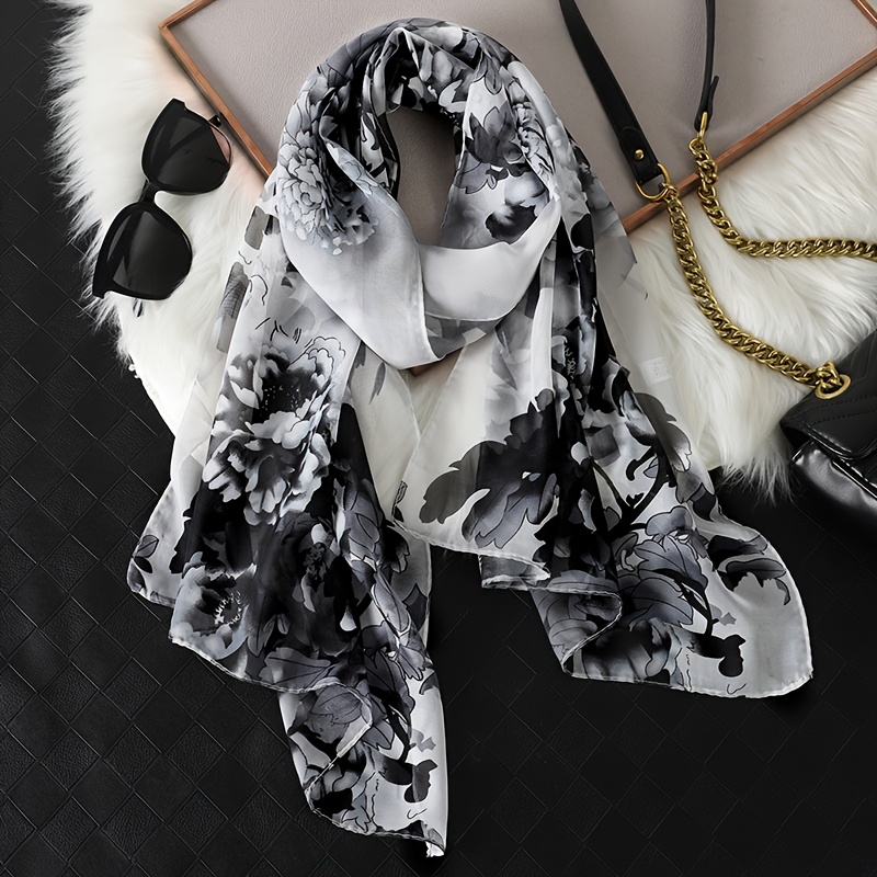 E-shop 1 stylischer Chiffon-Schal für Damen mit schwarz-weißem Blumendesign, leichter und atmungsaktiver Schal, für den täglichen Gebrauch im Frühling
