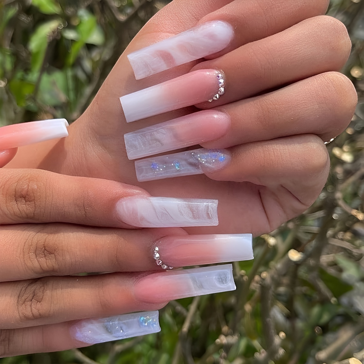 Image of Get With 24pcs Extra-long Square Gradient Smoky Ombre Holographic Full-coverage Rhinestone Fake Nail Sticker Set For Women &