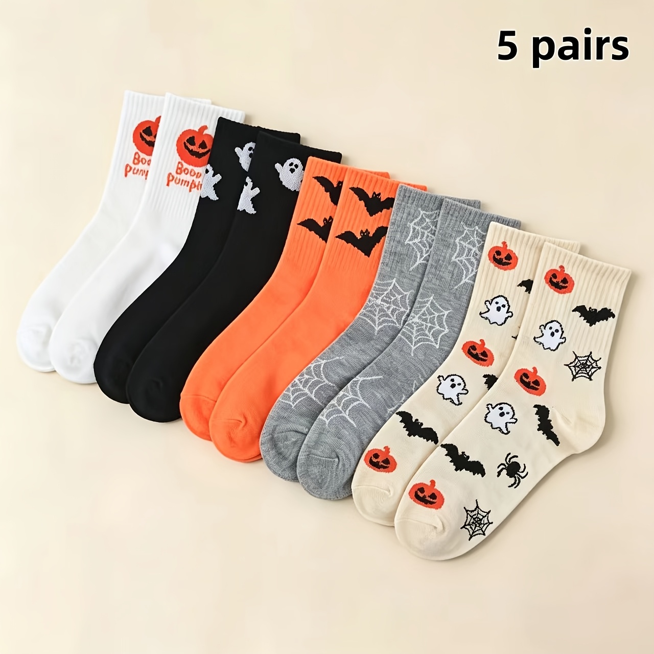 TEMU 5 Pairs Wholesale Suitable For Party/holiday Wear Women's & Unisex Halloween Tube Socks - Pumpkin Bat Spider Web Themed Socks For Everyday,