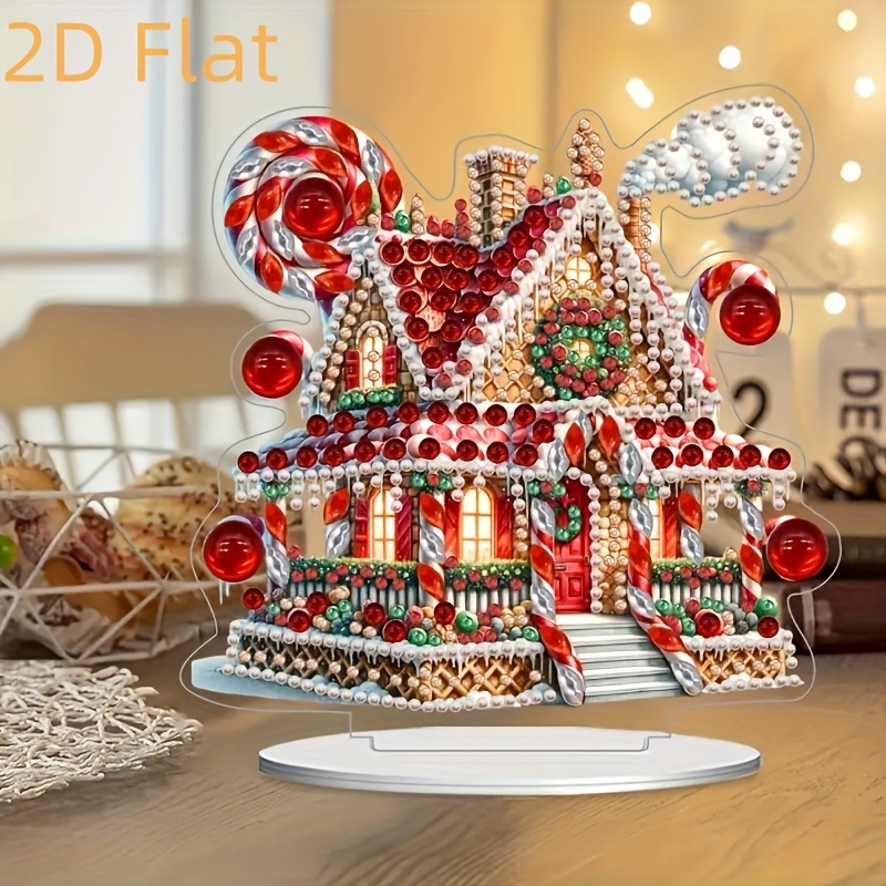 TEMU 1 kit de peinture diamant 2D plat Maison de bonbons de Noël, Art diamant acrylique de irrégulière, Décoration de mosaïque de diamant de cristal