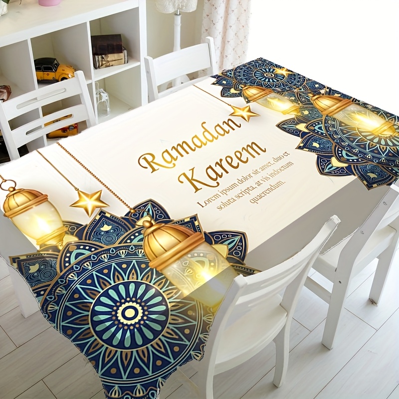 

1pc Elegant Ramadan Tablecloth - Eid Al-fitr Mandala Flower & Design, Washable Polyester, Square Holiday Dining Decor For Home Party, Home Decor