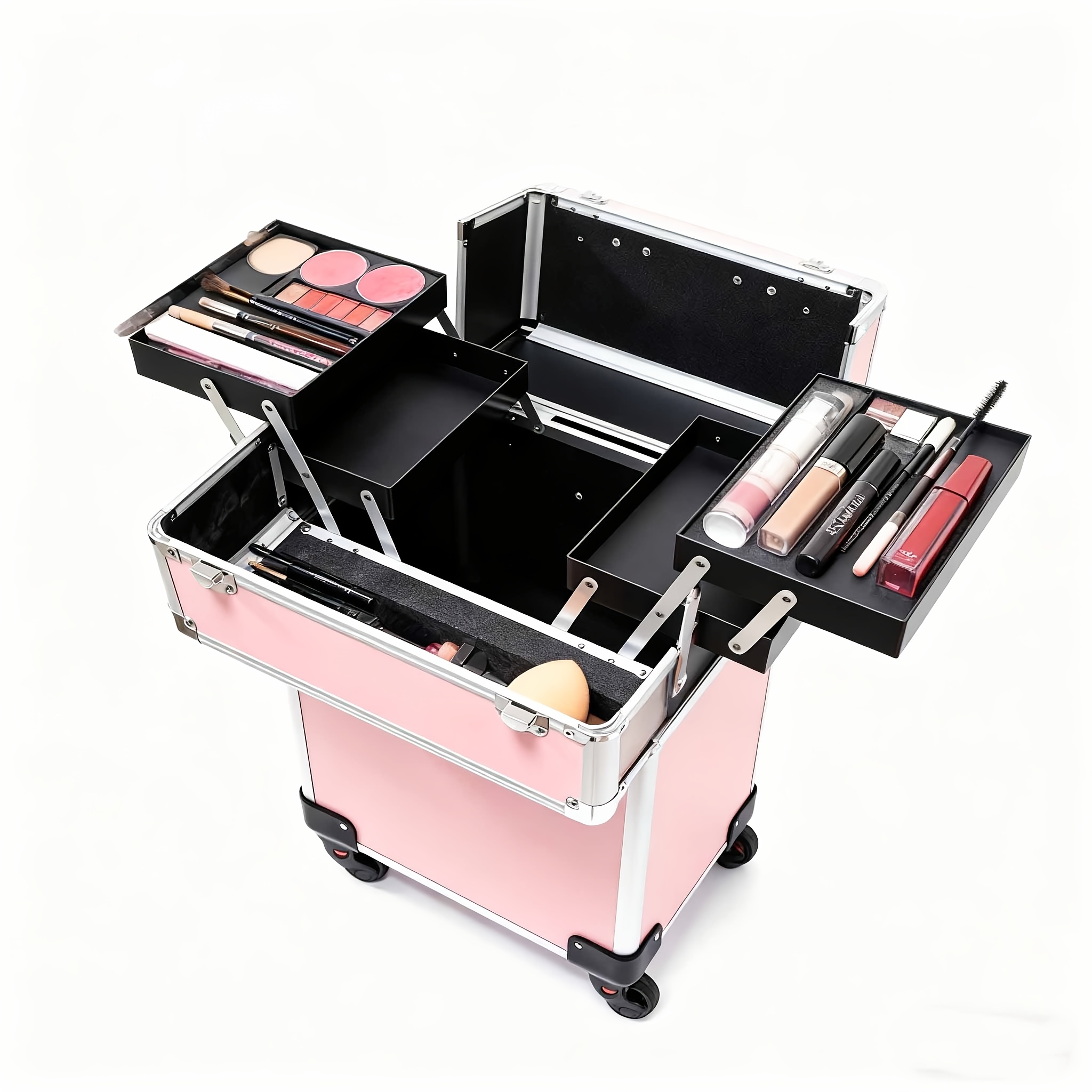 Professionele Grote Vergrendelbare Make-up Trolley met 360° Draaibare Wielen & Roze/Zwart Design - Zware Beauty Case op 4 Wielen, Compacte Mobiele Kar voor Kappers, Make-up Artiesten, Salon & Reizen, Duurzame Organizer met Slot