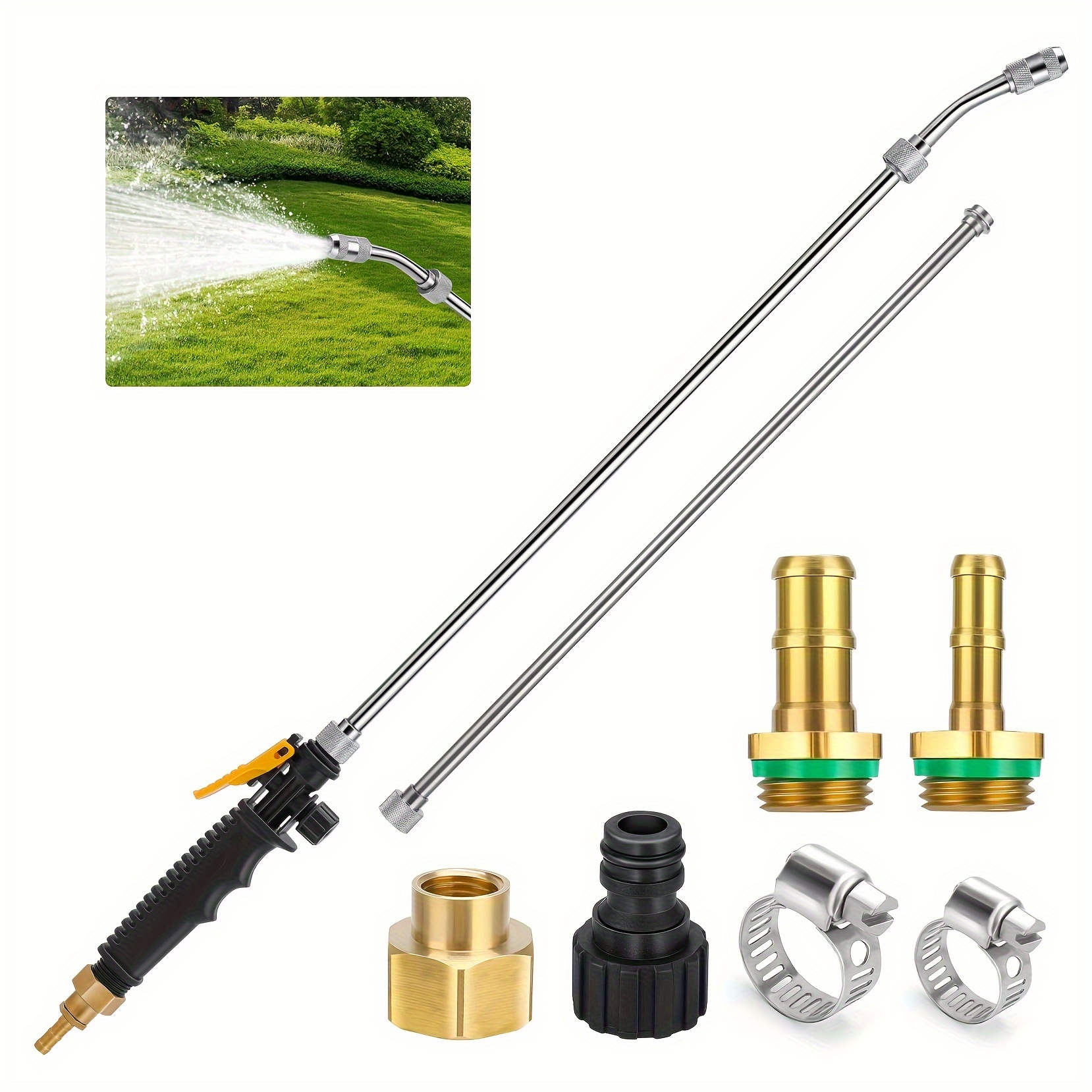 

43inch Sprayer Wand, 3/8" & 1/4" Brass Barb Universal Sprayer Wand Replacement, Stainless Steel Sprayer Parts With Shut Off Valve & 2 Hose Clamps, Spray Wands For Garden Hose, 1/2" Connector