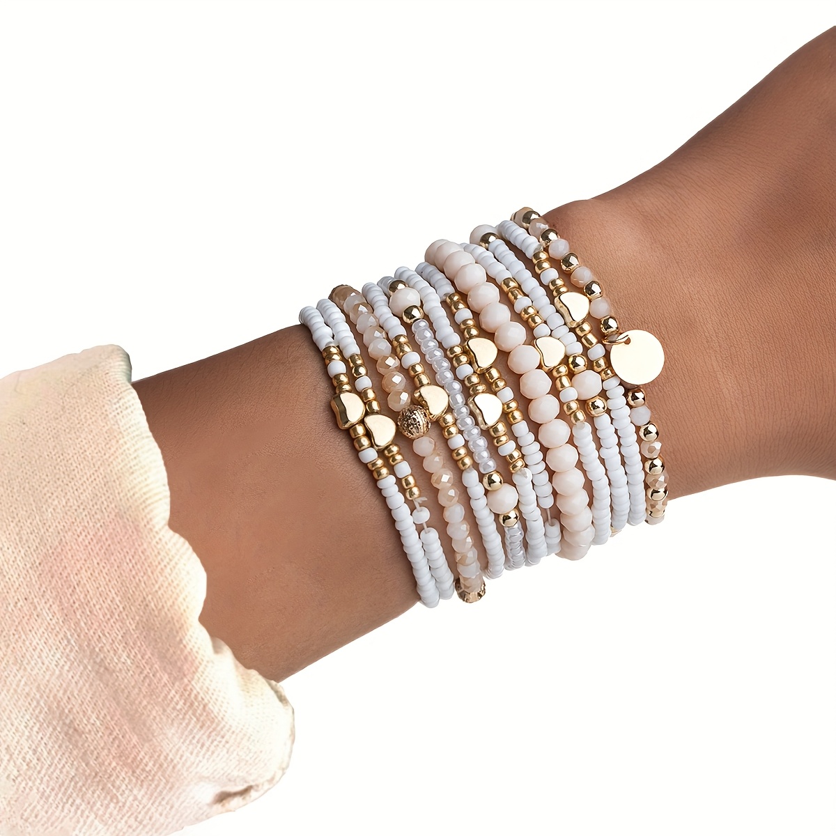 E-shop 12-teiliges Perlen-Mix-and-Match Herzförmige -Perlen Mehrschichtiges Stapelbares Valentinstag-Armbandset, Ideal zum Verschenken
