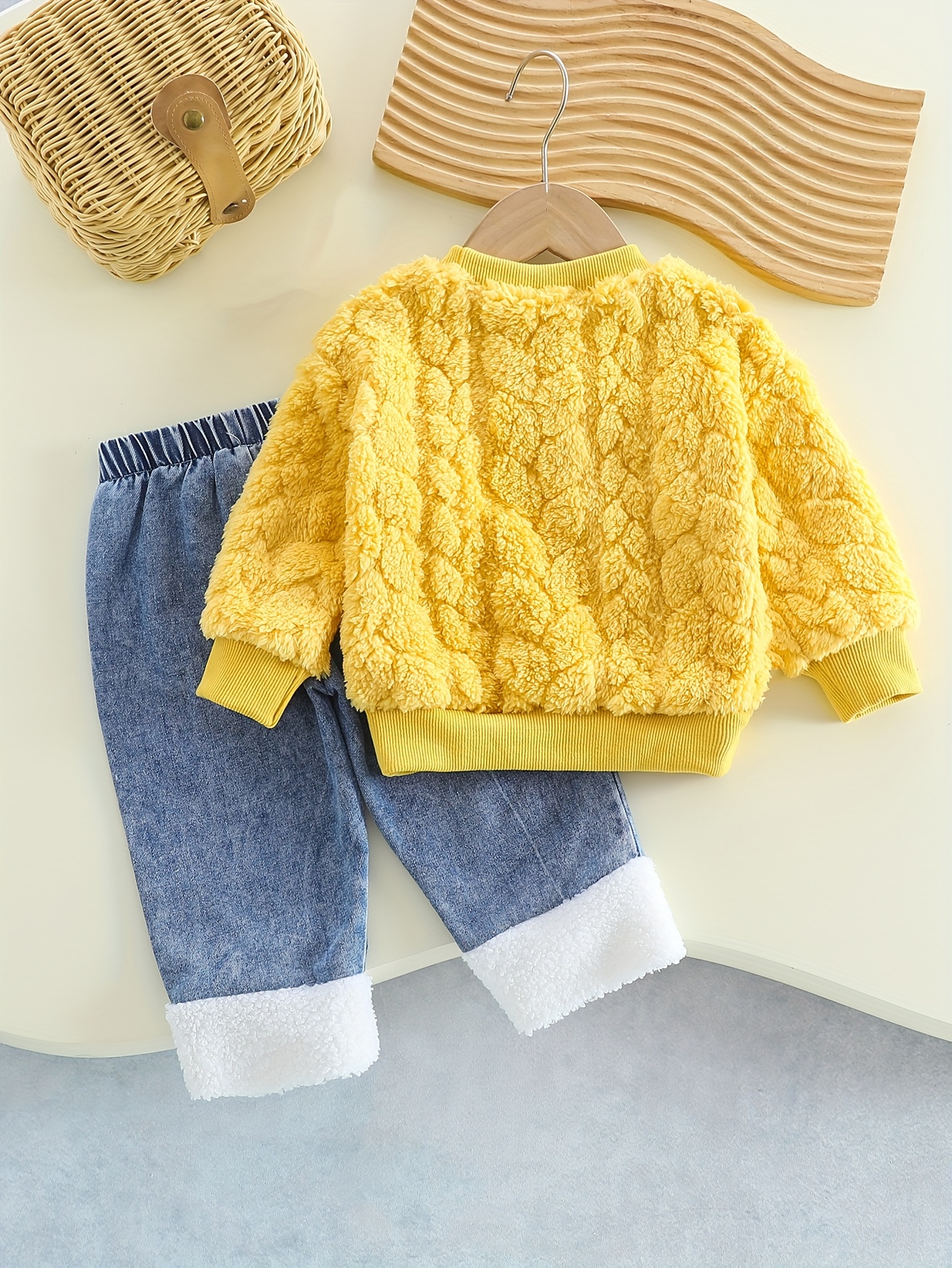 yellow floral long sleeve lined top and denim pants set autumn winter style christmas outfit suitable for holiday parties   outdoor Product details 1