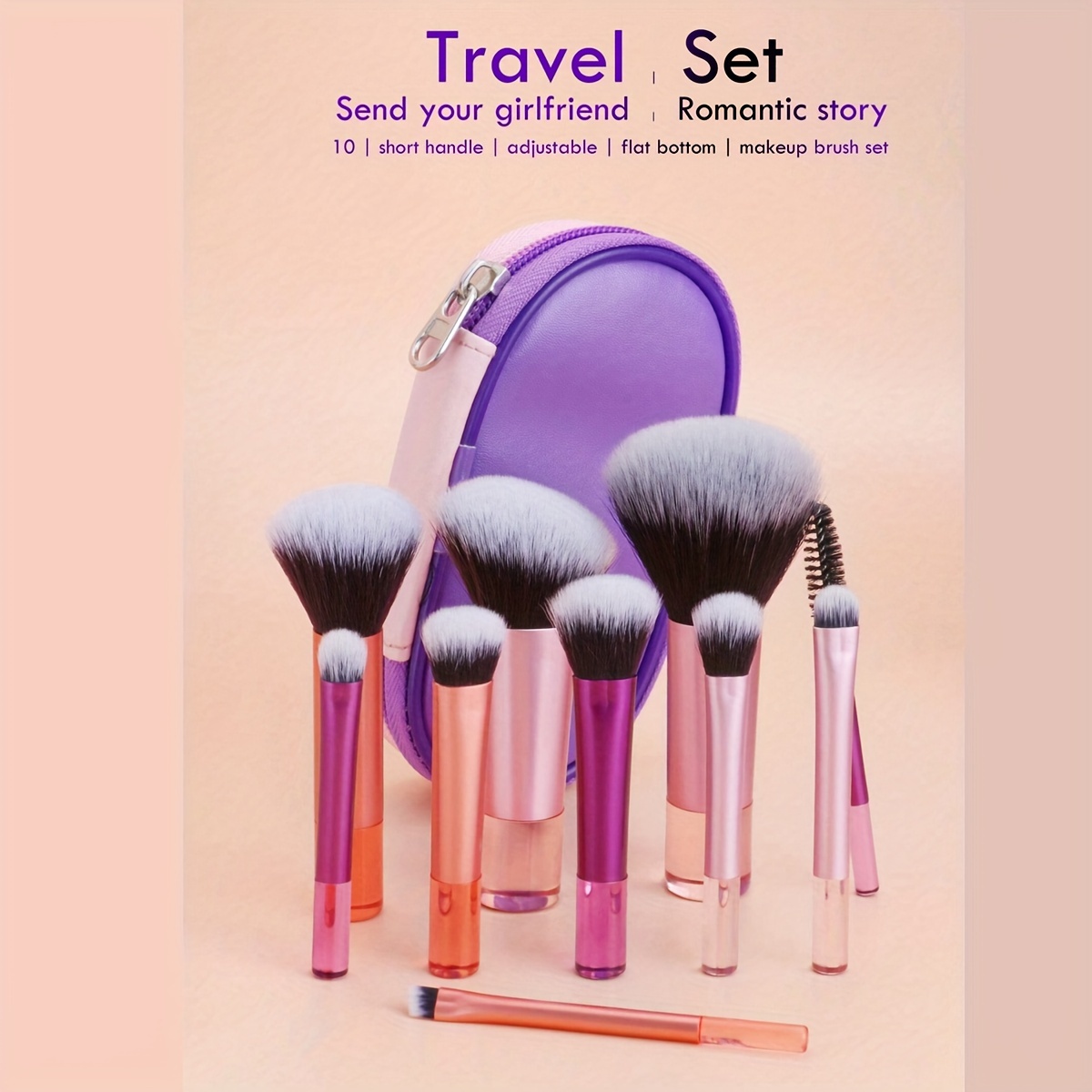 

10-piece Portable Travel Makeup Brush Set With Nylon Bristles, Unscented Wand Brushes For All Skin Types, Includes Blush, Powder, Eyeshadow, Mascara, Eyebrow, And Blending Brushes In Carrying Case