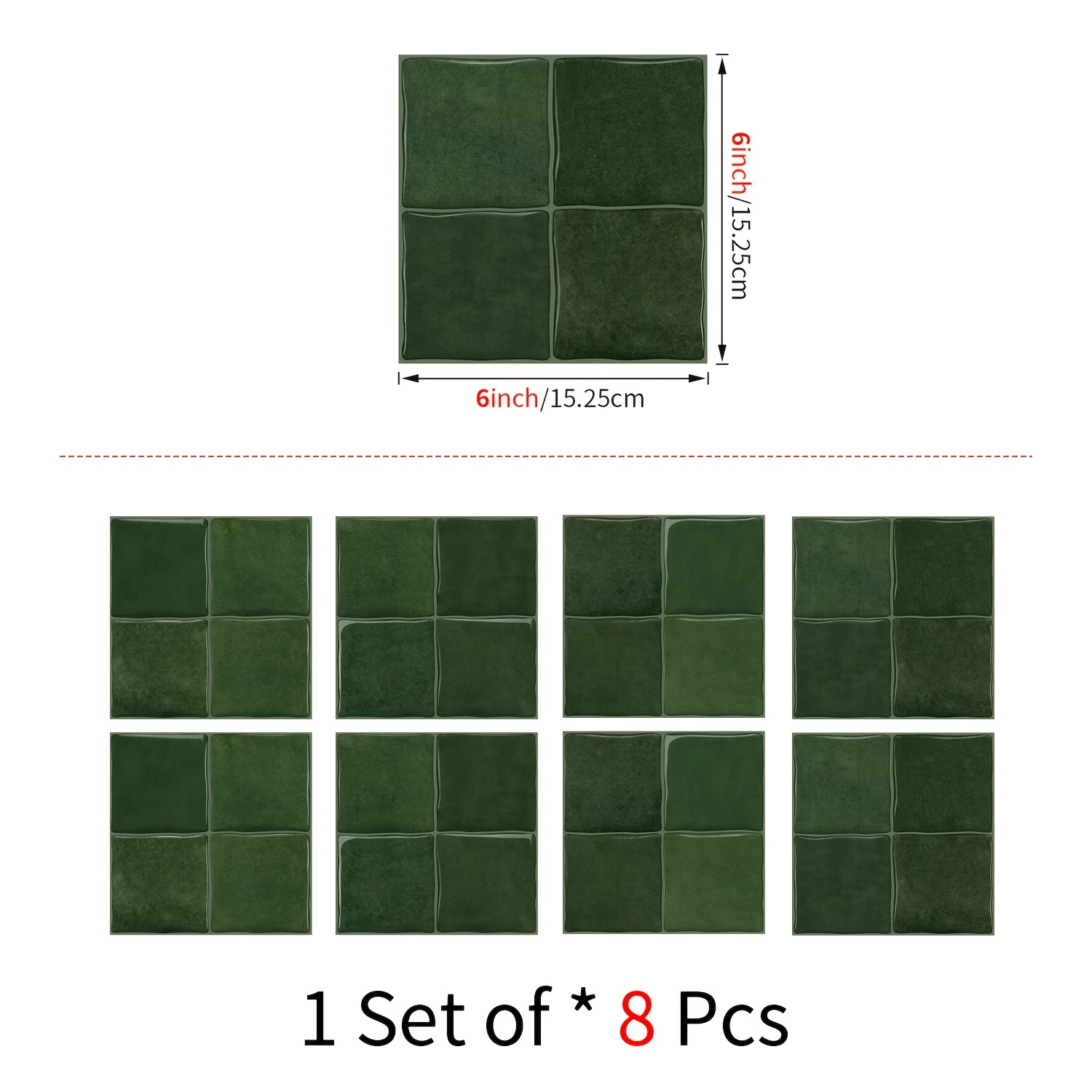 8pcs Self-adhesive 3d Wall Tile | Retro Green, Waterproof, Heat-resistant, /remove, Leaves No Residue, Suitable For Bathroom And Kitchen Splashback, Brand: Wacolor