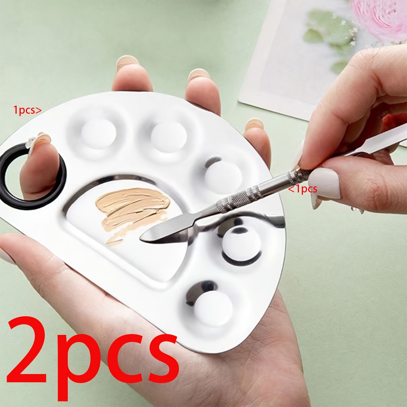 TEMU 2pcs Set Of Stainless Steel Palettes, Square/semi-circular Trough Design - Heavy-duty Rust-resistant Artist Palette, Suitable For Acrylic, Oil