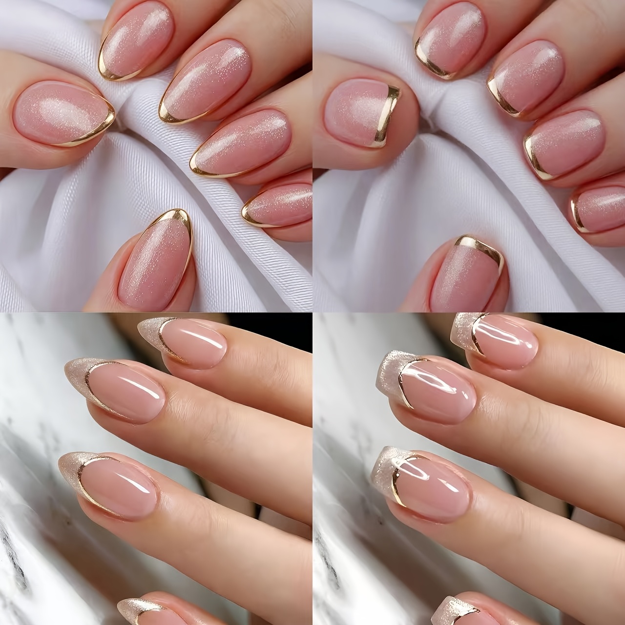 TEMU 4 Short Square Styles, 2 Types Of Almond Shape, Full Set Of Classic Minimalist Golden -eye Dual French Nude Glitter Soft Press-on Nails, Cat-eye