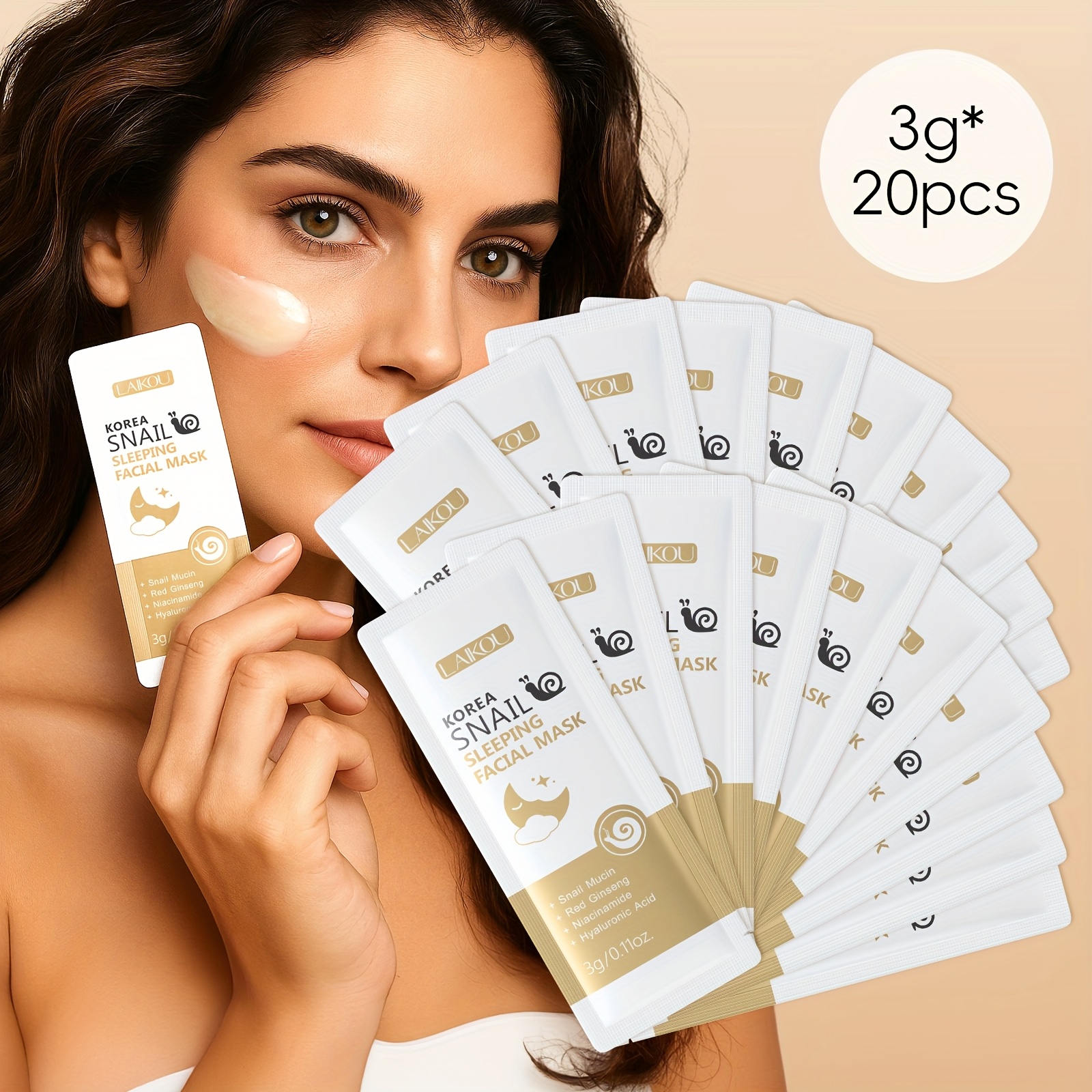 Image of Laikou Korea Snail Sleeping Mask 3g*20 Packs, Red Ginseng, Niacinamide, Hyaluronic Acid, Moisturizer, Soften Skin Night Cream