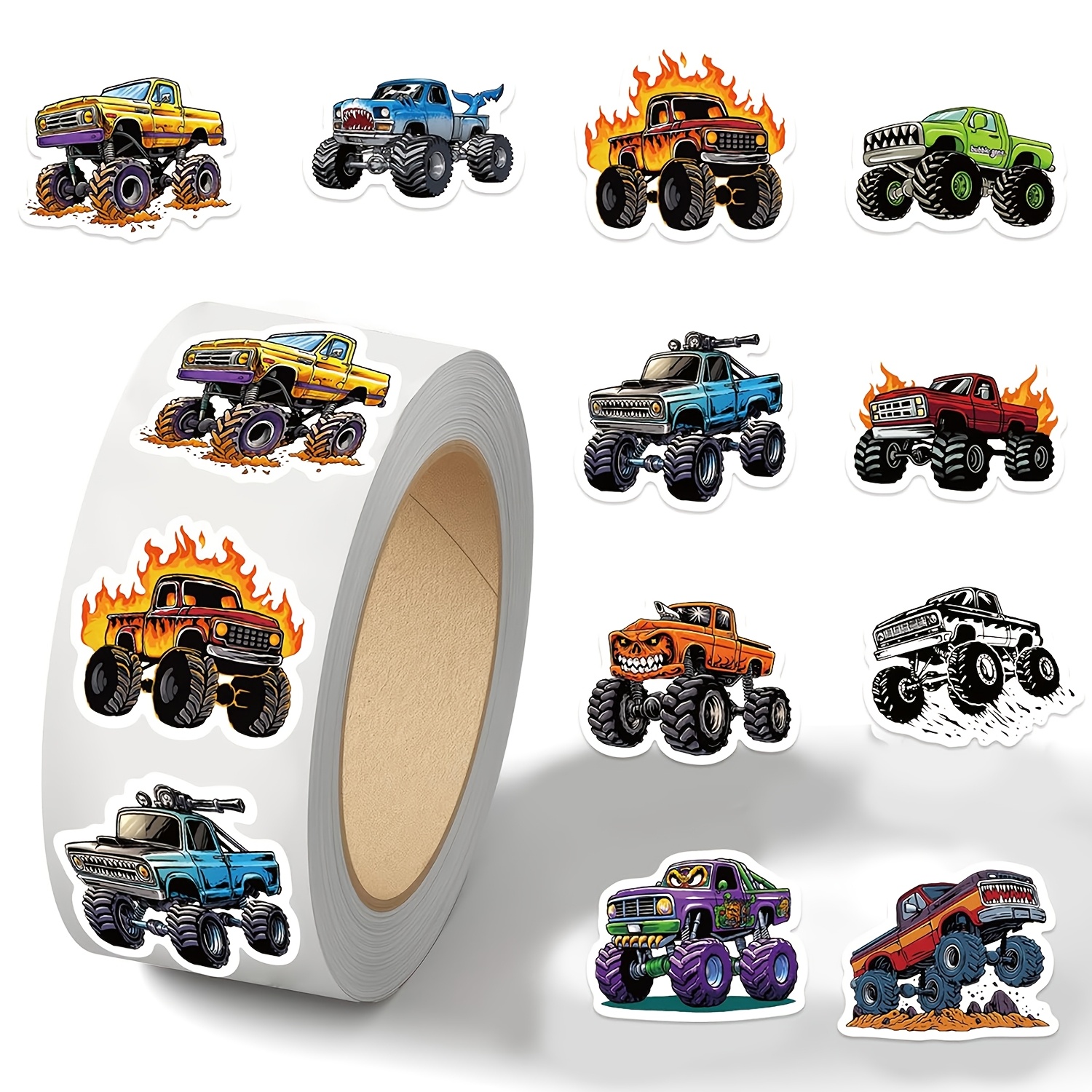 500pcs/roll Monster Truck Stickers Decorative Stationery Stickers Gift Wrapping Pattern Envelope Sealing Self Adhesive Labels