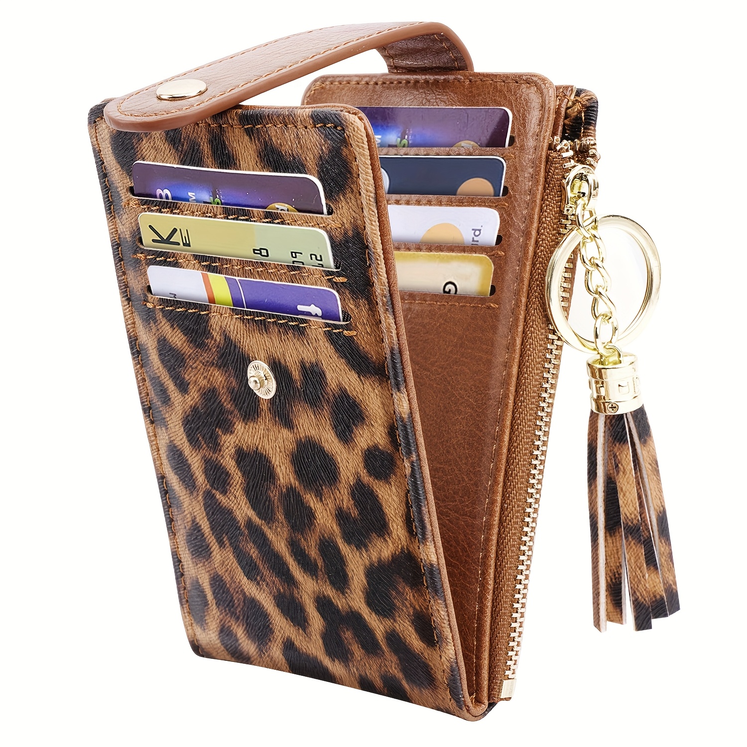 Image of Women's Leopard Print Bi-fold Credit Card Holder, Anti-skimming Wallet For Women, Multi-card Wallet With Tassel Zipper Coin Purse