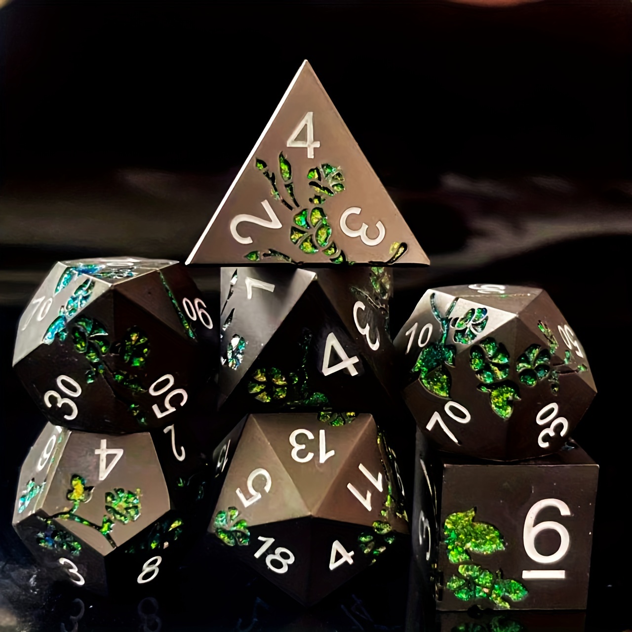 

Zinc Alloy Metal Dice Set - 7-piece Polyhedral Role-playing Game Dice With Green Glitter Inlay - Heavyweight Rpg Dice Collection For Gaming Enthusiasts