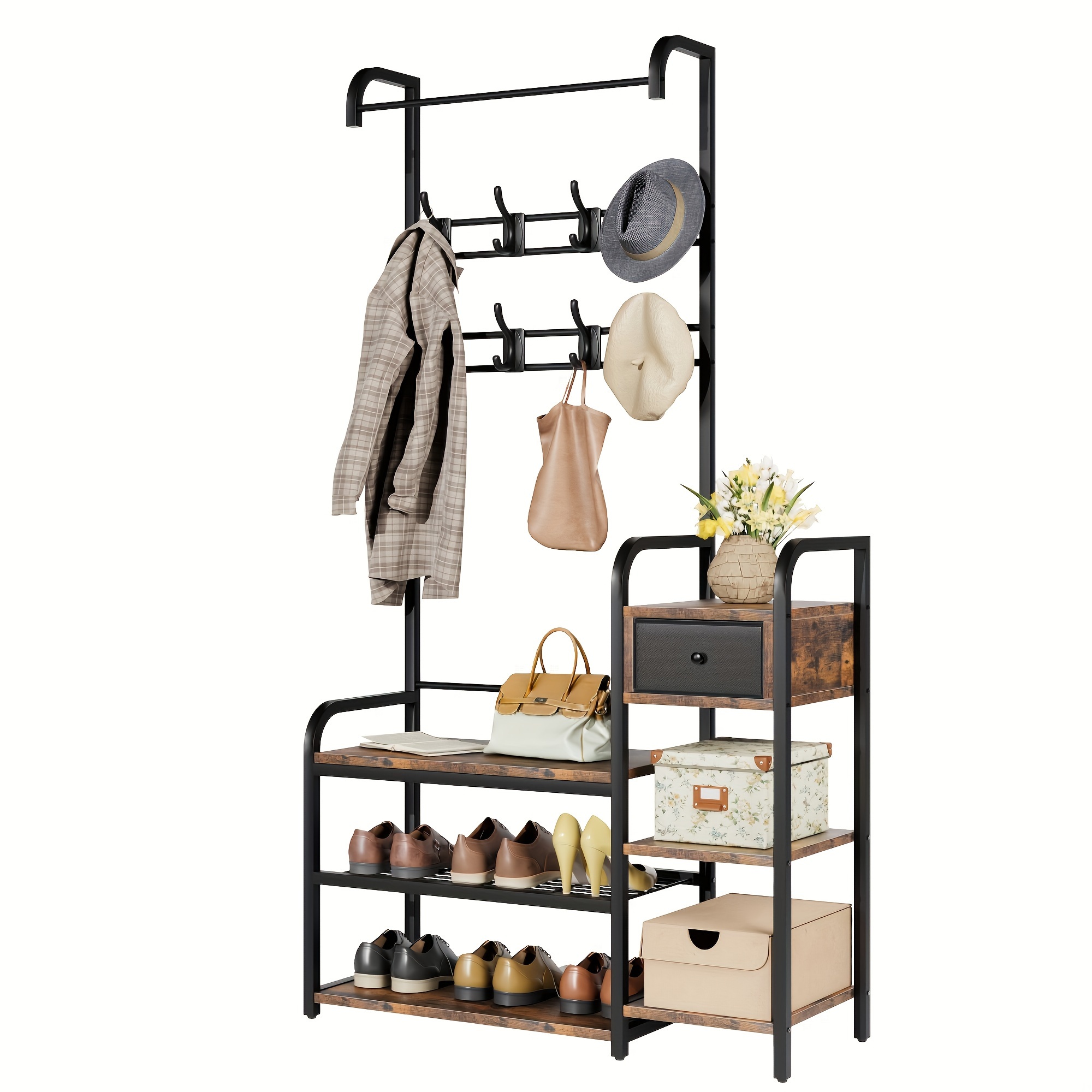 Unikito 3-in-1 Coat Rack With Shoe Bench - Industrial Entryway Hall Tree With Storage Shelves, Rustic Brown