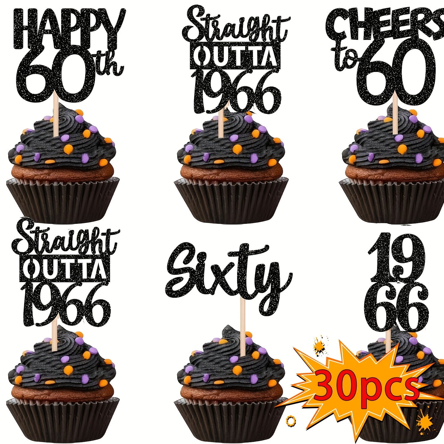 TEMU 30pcs Black 60th Birthday Cupcake Toppers Glitter Happy 60th 1966 Cupcake Picks For Cheers To 60 Years 60th Birthday Wedding Anniversary Party
