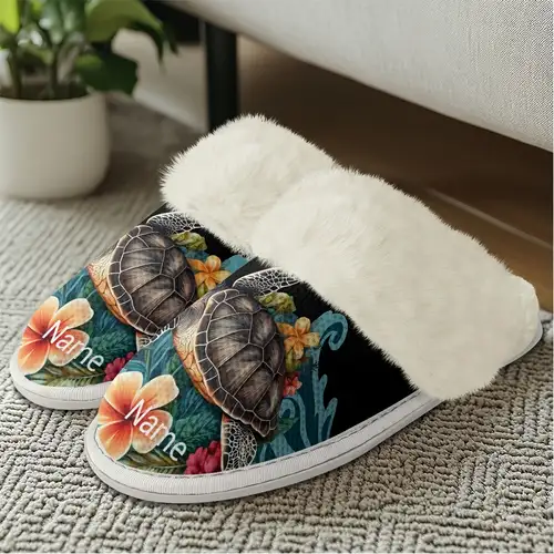 comfortable cute turtle embroidery plush slippers Temu