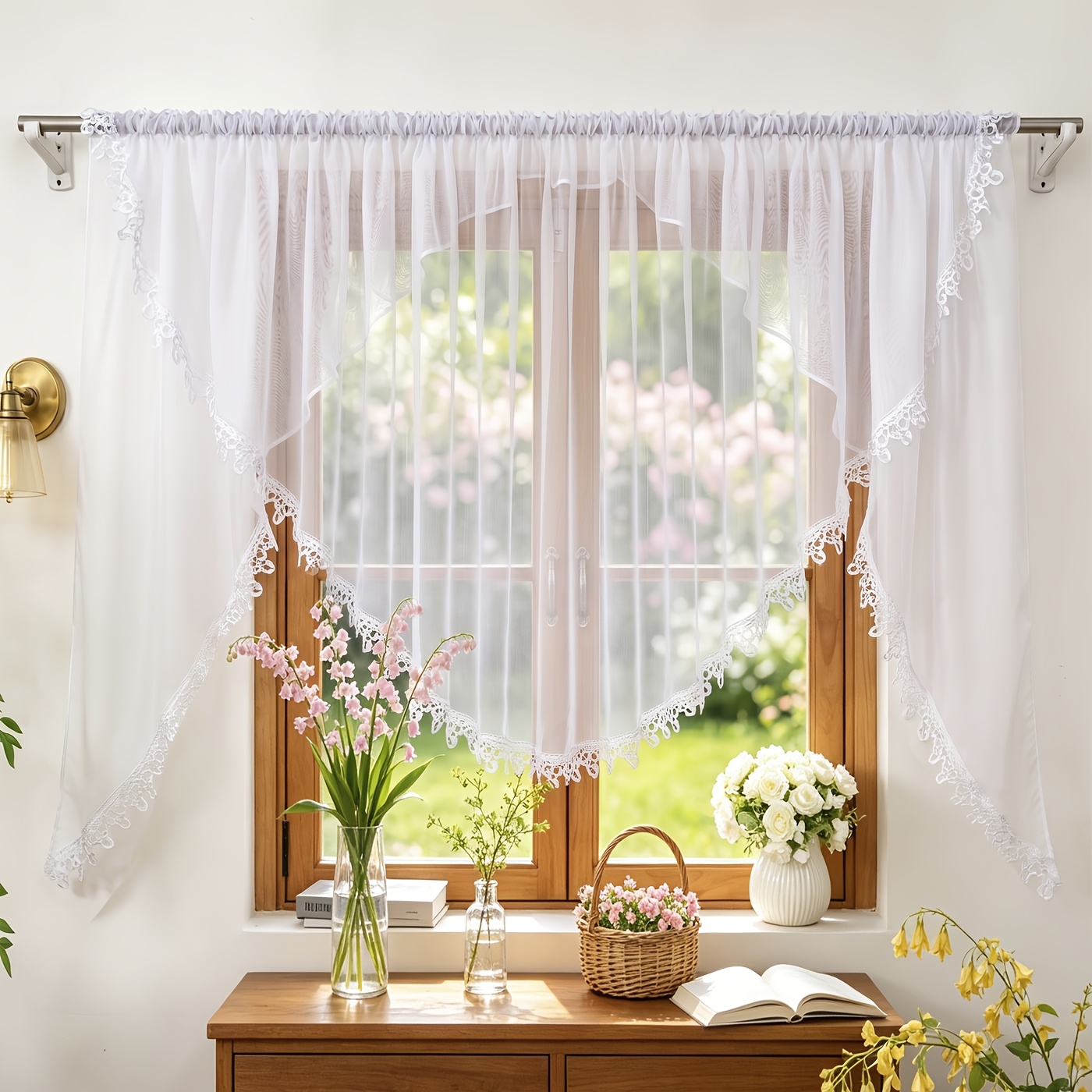 1pc Floral Embroidery Craft Decorative Curtain Panel For Home, Party, Wedding, And Festival Decor Sheer Curtain