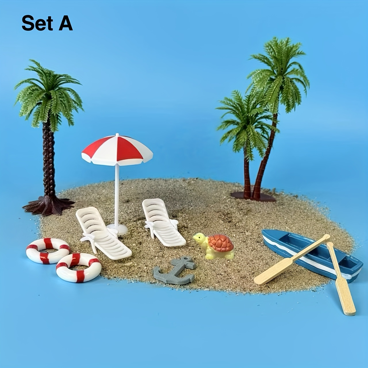 Image of Set Of 12 Miniature Beach Decorations, Including A Small Umbrella, Chair, A , A Boat, And Items For Sand Table Scenes, Perfect For Vacation Home Decoration And Photography Props