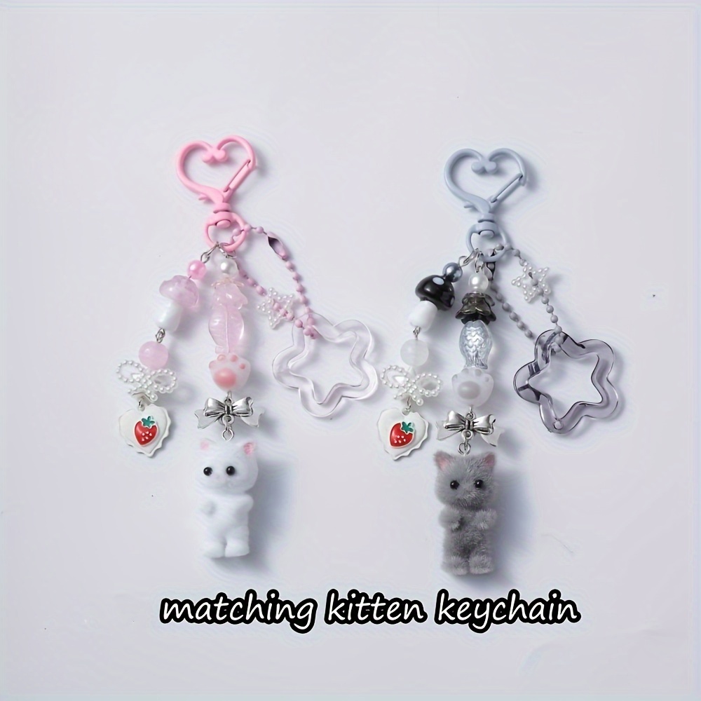 

2pcs Adorable Beaded Cat Keychain-accent Charm For Backpacks-trendy Y2k Accessory