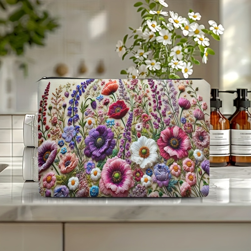 TEMU 1pc 2d Flat Printed Makeup Bag, 1 Floral Makeup Bag, Travel Bag, Zippered Cosmetic Pouch, Toiletry Bag, Pencil Case, Women's Clutch, Single Gift