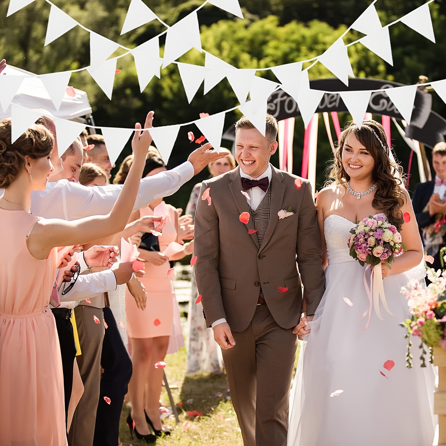 Image of White Bunting Flags 65.6ft/20m Fabric With 80pcs Triangle Flags For Wedding Baby Bridal Shower Birthday Engagement Anniversary Parties