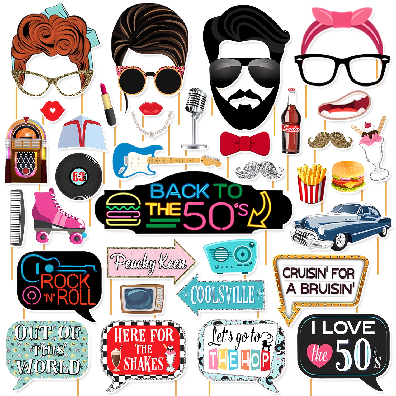 Image of 40pcs, Party Photo Booth Props, 50's Party Photo Props, For 50's, 60's, , 80's, 90's Party Decoration