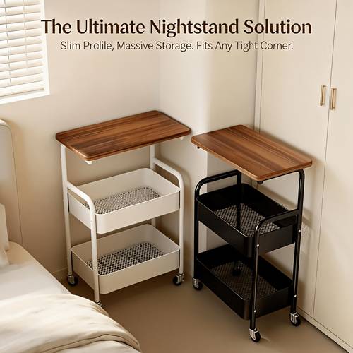 item picture multifunctional storage cart with wooden tabletop and rolling function unique multi layered desktop organizer narrow side table with storage bedside table with wheels suitable for use room bedroom 2 colors
