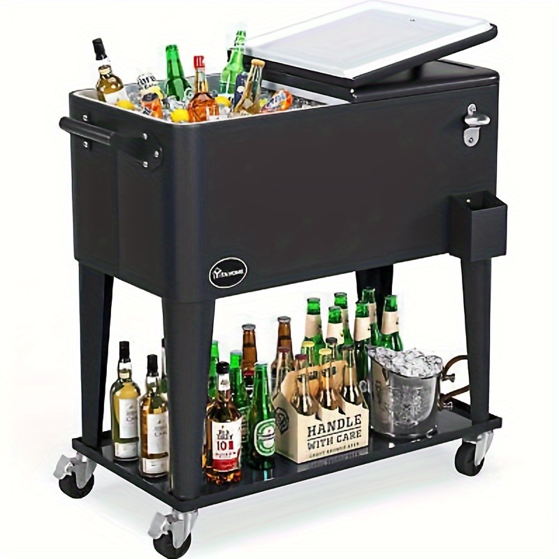 Yarsca Cooler Cart with Bottle Opener Drainage, Portable Patio Cooler on Wheels, Outdoor Beverage Cart Ice Chest Cart, Black