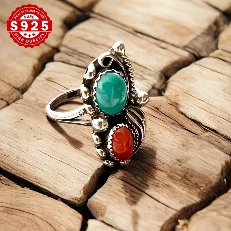 TEMU S925 Pure Silvery Vintage Bohemian Women's Ring, Set With Red And Turquoise, Is A Cost- Gift Suitable For Daily Wear And Total Weight Of The