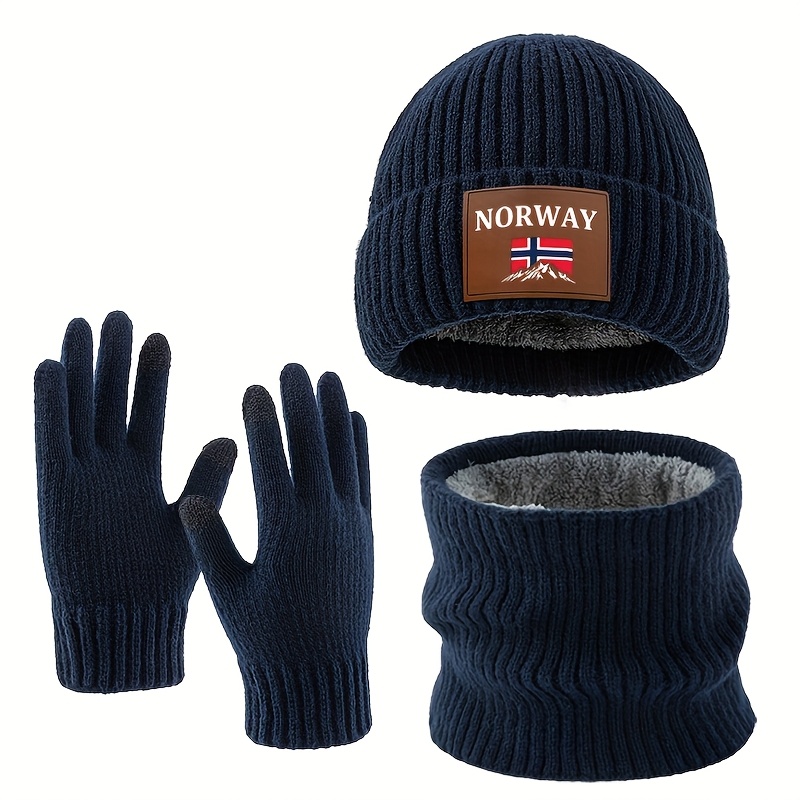TEMU Conjunto de 3 piezas de gorro, bufanda y guantes cálidos de invierno asequibles, Conjunto de gorro, bufanda y guantes NORWAY de moda, Conjunto