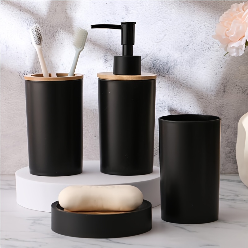 Image of 4pcs Black Bathroom Vanity Set - Includes Soap Dispenser, Toothbrush Holder, Mouthwash Cup, And Soap Dish, Daily Home Bathroom Wash Kit