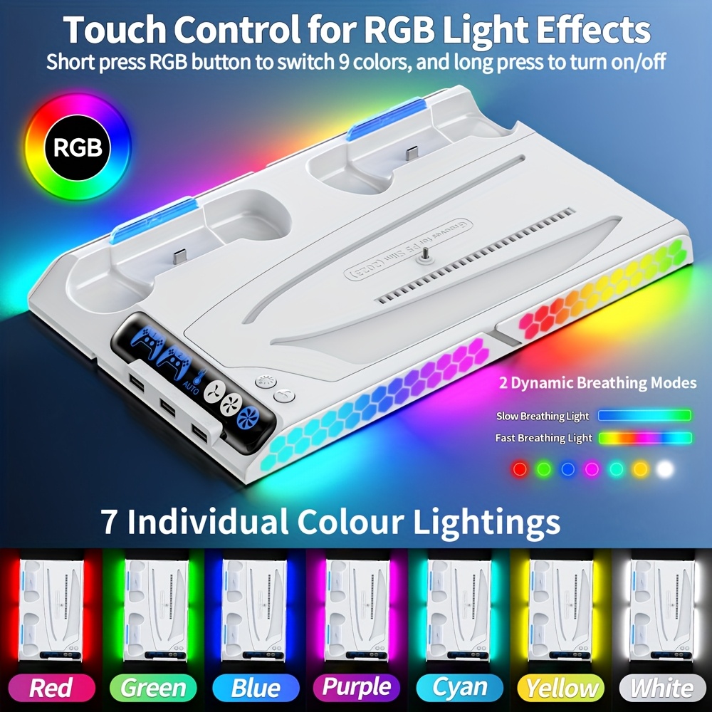 station de charge   fil pour manette de ps5 avec   rgb, surveillance de la température, vitesse de ventilateur réglable, compatible avec ps5 slim, matériau abs,   des composants électroniques. détails 1