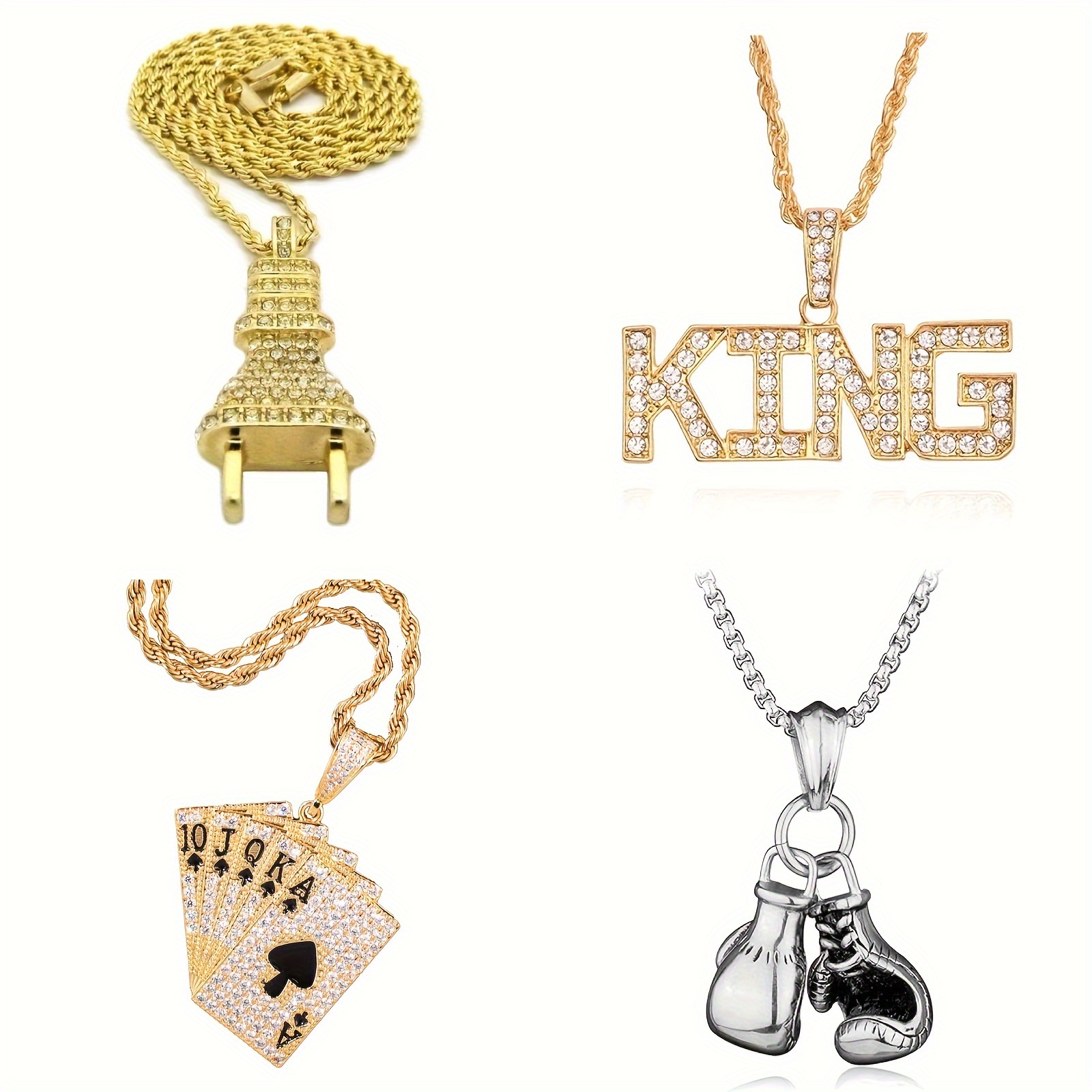 

Hip Hop Necklaces Set Electric Power Plug Queen Bling Iced Out Tag Ace Boxing Gloves Punk Jewelry Gifts For Men Women