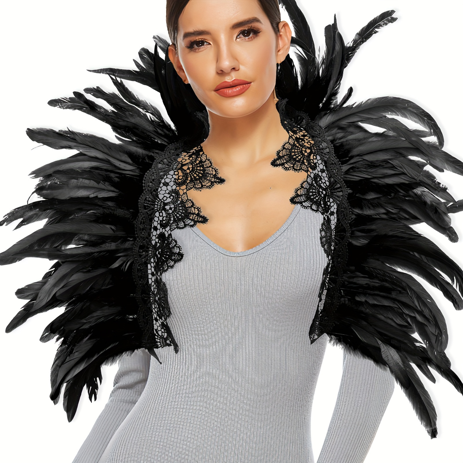 

Women's Gothic Feather Collar Shawl, Adjustable Punk Party Festival Rave Costume, Bohemian Style, Polyester , Non-elastic, Decorative Scarf Accessory, No Wash, Feather Cape Cloak With Lace Detail