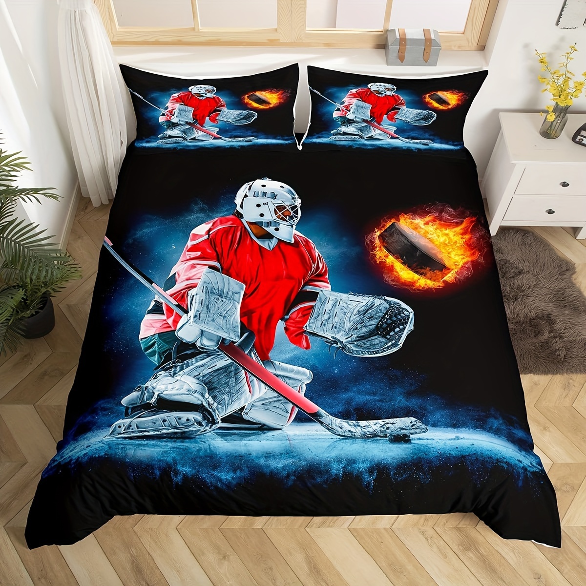 

3pcs Hockey Duvet Cover Set For Men Ice Hockey Sports Duvet Cover Burning Hockey Ball Decor Duvet Cover Soft Duvet Cover With 2 Pillow Cases No Filler