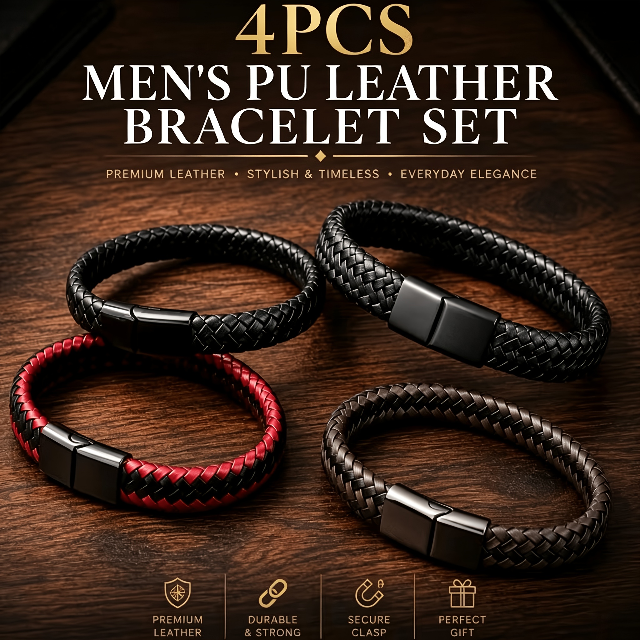 TEMU 4pcs 1 Set Bracelet Homme Premium à l' Unisexe Style Bracelet Tissé à , Cadeau pour des Pères, Cadeau , Tendance et Mode pour Homme