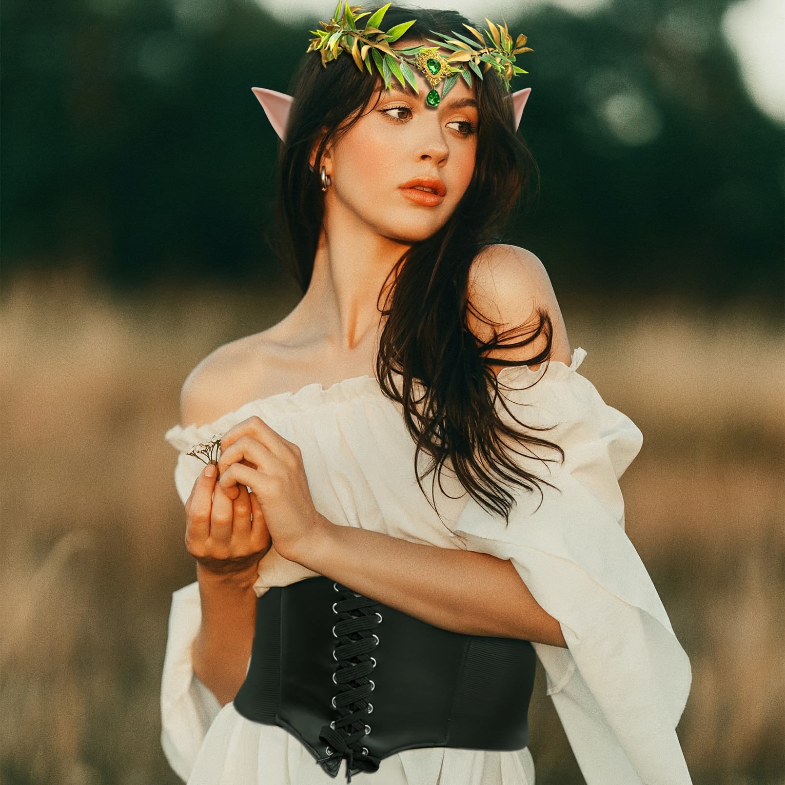 Forest Elf Princess Costume Set, Romantic Green Leaf Gemstone Ring  Elf Ears, Elastic Waist Cincher with Beaded Leather Material, No 